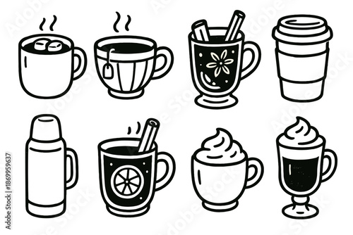 Hot beverage silhouette icon set. featuring hot chocolate, tea, mulled wine, coffee, thermos, cinnamon, and whipped cream