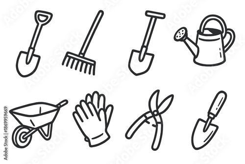 Gardening tools linear icon set. featuring shovel, rake, watering can, wheelbarrow, gloves, and pruners symbols