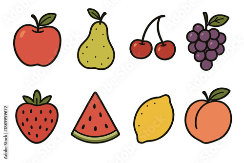Fruits silhouette icon set. featuring apple, pear, cherry, grape, strawberry, watermelon, lemon, and peach