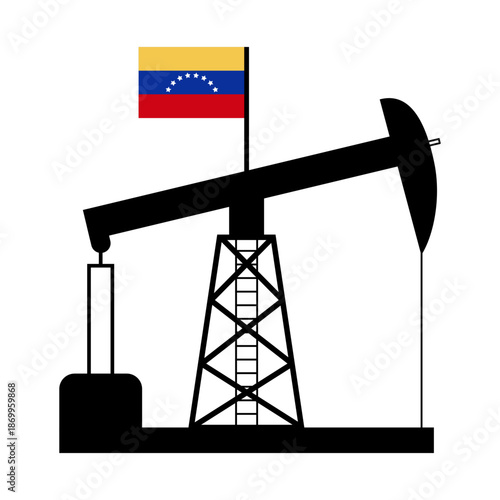 oil pump, flat black icon. Pumpjack silhouette topped with Venezuelan flag symbolizing national oil industry and resource sovereignty