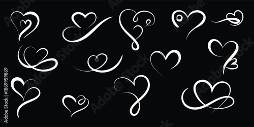 White brush heart doodles on black background, Hand drawn romantic heart line art set, vector love brush strokes hearts collection