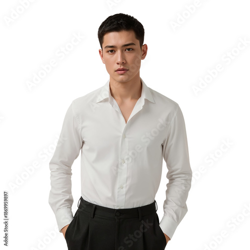 Young Man With Short Black Hair Poses Against a Plain White Background in Cas...