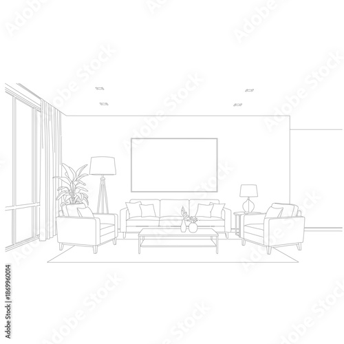 architectural line drawing modern living room interior, minimal.svgz