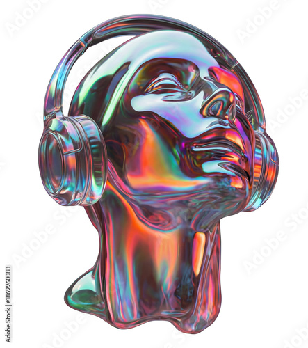 Close-up digital render of a stylized human head sculpture with highly reflective, iridescent chrome/liquid metal surface, wearing futuristic holographic headphones. Isolated on a light background.