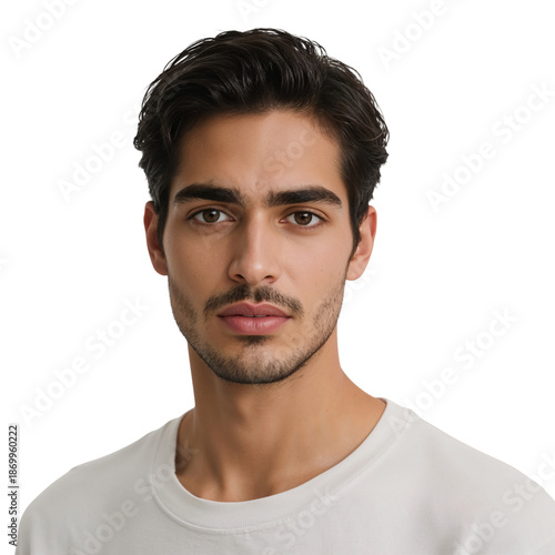Portrait of a Young Man With Dark Hair Looking Directly at the Camera in a Si...