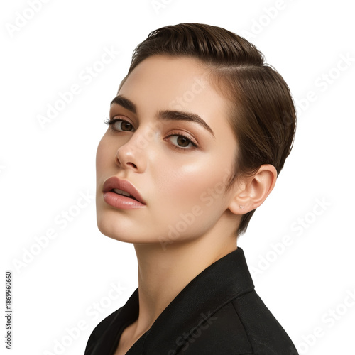 Model Poses for a Portrait With Short Hair and Understated Makeup in a Simple...