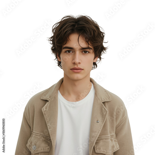 Young Man With Curly Hair Wearing a Light Jacket and T-Shirt in Studio Setting