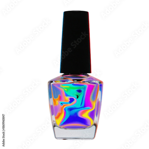 Nail Polish Bottle With Colorful Liquid Swirls Under Bright Light