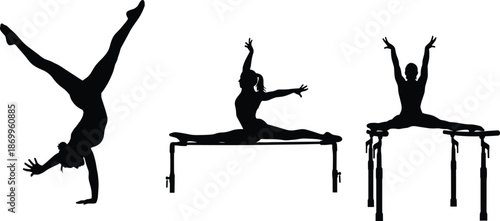 Gymnastics Silhouette Collection Featuring Female Athlete Performing Handstand Balance Split on Balance Beam and Parallel Bars CAD Drawing Flat Vector Illustration