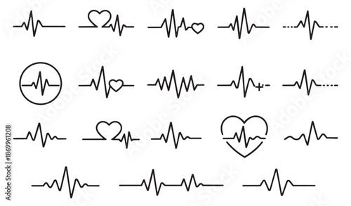 Line art heartbeat set featuring various pulse rhythm illustrations and heart shapes for medical and wellness design