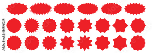 Sale sticker, price tag, starburst icon set, Set of red starburst. Price sticker, sale sticker, price tag, starburst, quality mark, retro stars, sale. Circle sticker set. Wavy edge promo red badges