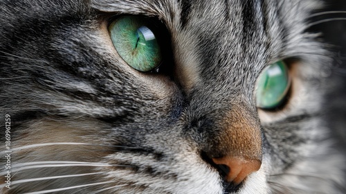 Intense green-eyed cat staring in close-up detail