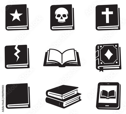 Simple glyph style book icon set featuring various book types for education, literature, and storytelling