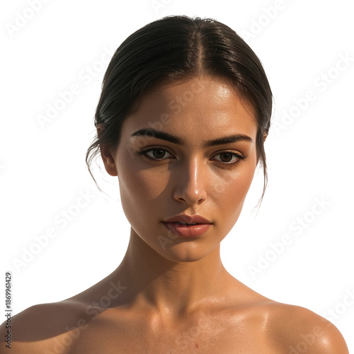 Portrait of a Woman With Dark Hair and Natural Look Under Bright Light in a C...