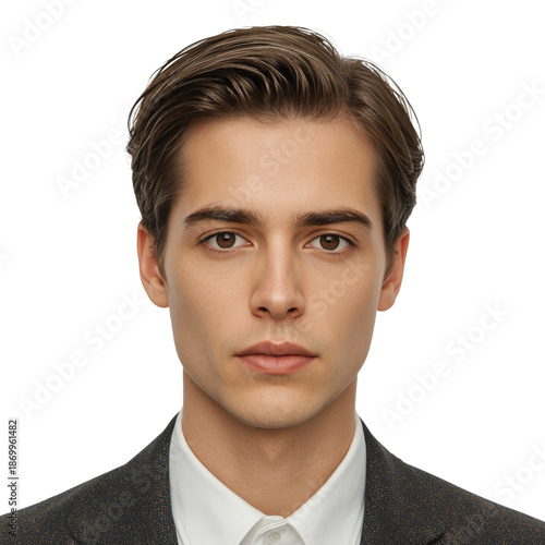 Young Man Wears a Suit and Stands Facing the Camera With a Neutral Expression...