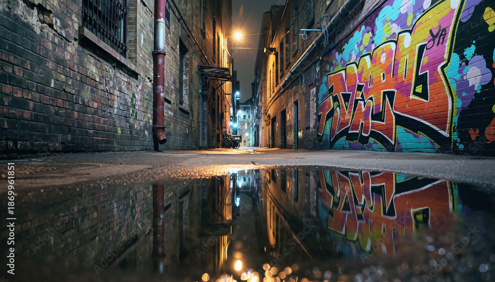 Fototapeta premium Colorful graffiti art adorning an urban alley reflects off damp pavement under the cover of night.