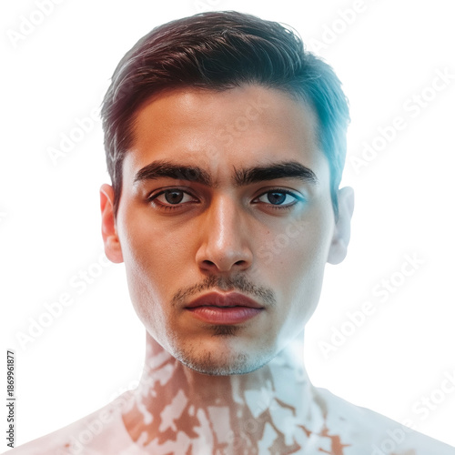 Young Man With a Unique Skin Pattern Stands Against a Light Background Showca...