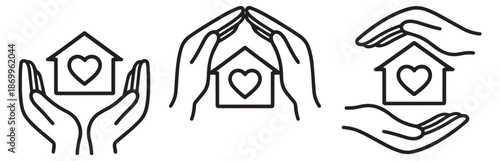 Line art home protection icon set featuring hands holding a house with a heart for housing, security, or family concepts