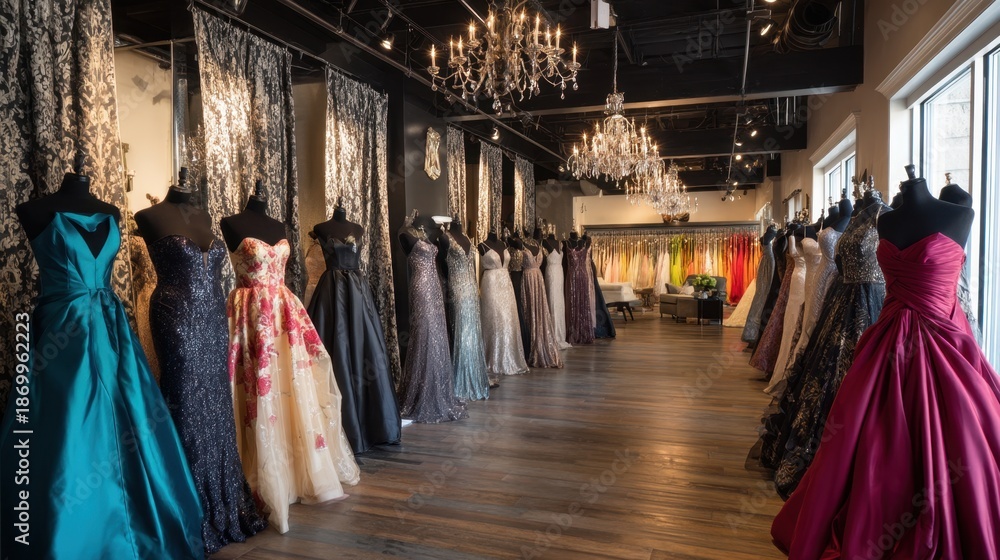 Fototapeta premium Elegant evening gowns displayed in a stylish boutique setting with chandeliers