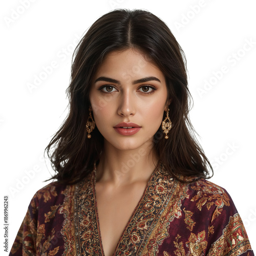 Model Poses in Front of Camera With Clean Makeup and Sleek Hairstyle in a Stu...