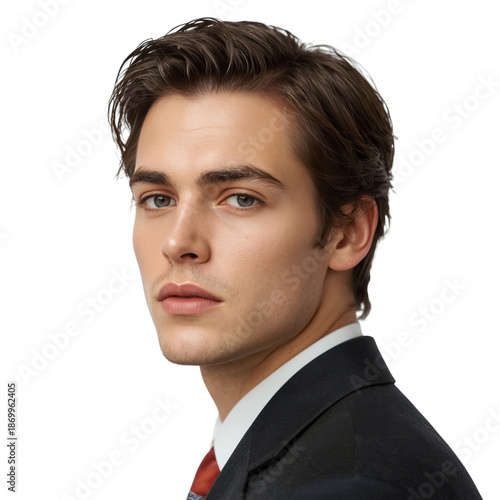 Young Man Wears a Suit and Stands Facing the Camera With a Neutral Expression...