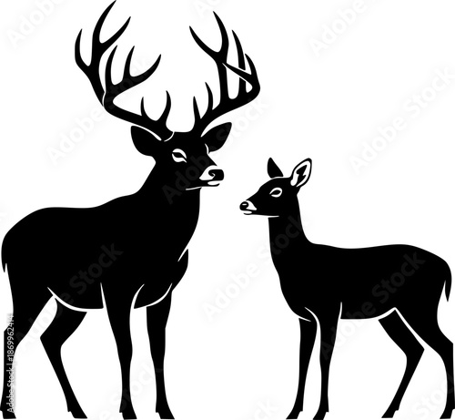 Buck and Doe Silhouette – Black Vector Illustration, Majestic Buck with Antlers Beside Graceful Doe, Wildlife Couple, Nature, Strength and Elegance, Minimal Clipart, Editable Vector Design.