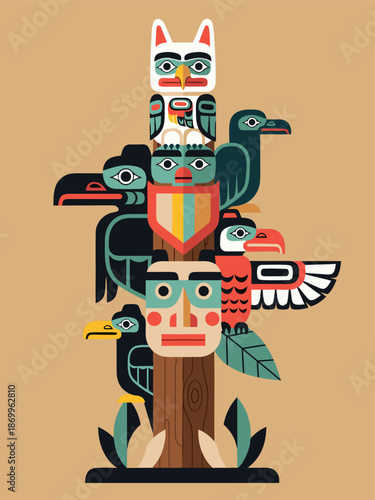 Native American Totem Pole Vector Illustration, Cultural Symbolism and Artistry