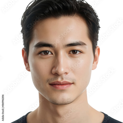 Young Man With Short Black Hair Looks Forward With a Neutral Expression Again...