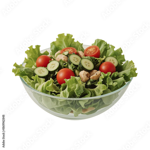 Fresh Salad With Lettuce and Vegetables in a Clear Bowl on a Plain Background