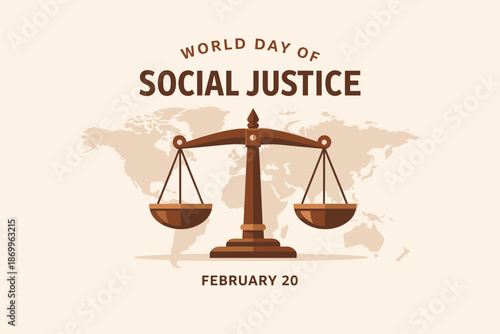 World day of social justice with balance scale over world map. Theme of equality, rights, and global fairness