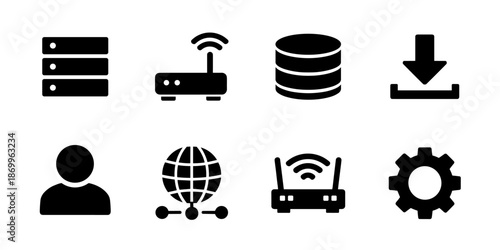 Technology and data icon collection in black. Set includes server stack, wifi router, database, download arrow, user profile and network connection icons