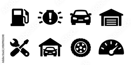Automotive service icon collection in black. Set includes fuel pump, warning alert, car front, garage and vehicle service icons