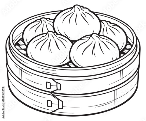 Line art illustration of steamed dumplings in a bamboo steamer depicting traditional asian food for restaurant menus