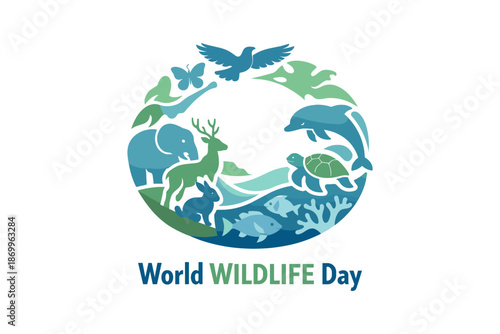 World wildlife day emblem with animals forming circular composition. Theme of biodiversity, nature, and environmental unity