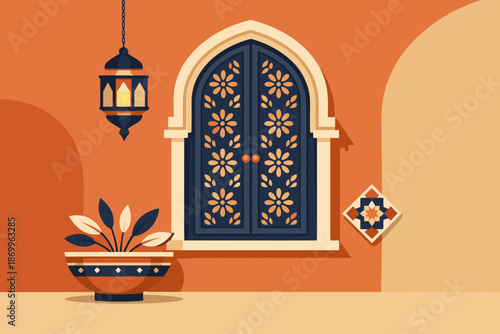 Moroccan style window with decorative door and lantern. Middle eastern architecture theme with warm colors and patterns