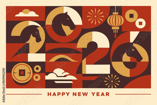 Happy new year 2026 poster with horse symbols and geometric festive shapes. Theme of celebration, zodiac style, and holiday mood
