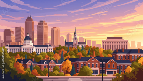 Vector illustration of a quaint town with historic buildings and a city skyline at sunset, autumn trees with colorful foliage