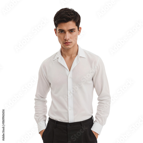 Young Man With Short Black Hair Looks Forward With a Neutral Expression Again...