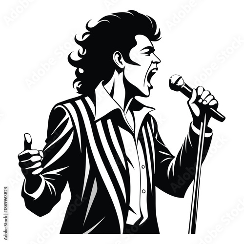 Dynamic Singer with Microphone Black and White Silhouette Icon for Music and Performance Vector Art