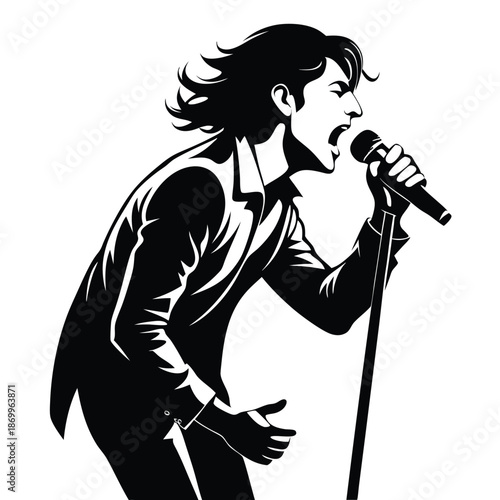 Dynamic Singer with Microphone Black and White Silhouette Icon for Music and Performance Vector Art
