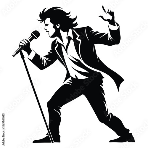 Dynamic Singer with Microphone Black and White Silhouette Icon for Music and Performance Vector Art