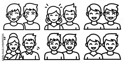 A collection of modern and minimal holi celebration smiling couple outline icon set. Holiday outline icons