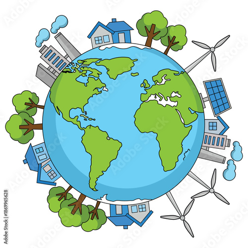 Eco-Friendly World: A vibrant illustration showcasing planet Earth encircled by eco-friendly symbols representing environmental protection and sustainability.