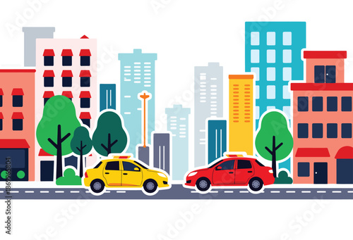 Cityscape with Cars and Buildings Illustration.