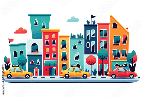Colorful Buildings with Cars on Street.