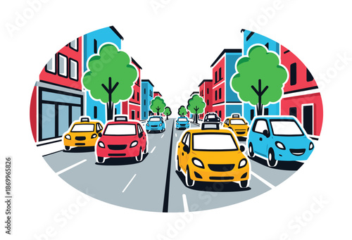 Colorful Cars on City Road Illustration.