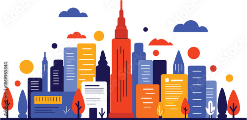 Colorful Cityscape with Skyscrapers and Buildings.