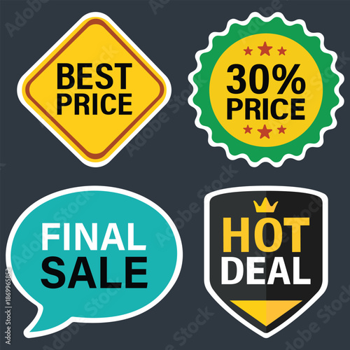 Sale Banners: Four colorful sale stickers, each with bold text and design, represent Best Price, 30% Price, Final Sale, and Hot Deal.