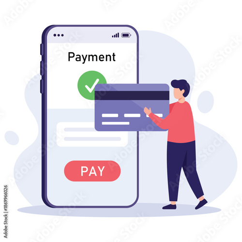 Digital Payment Illustration: A person paying via smartphone, a seamless transaction in the modern digital economy. The scene represents the convenience of online payments.