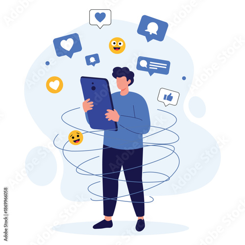 Connected: A visual capturing the contemporary digital landscape, a person is immersed in their smart device amid an outpouring of social media icons.